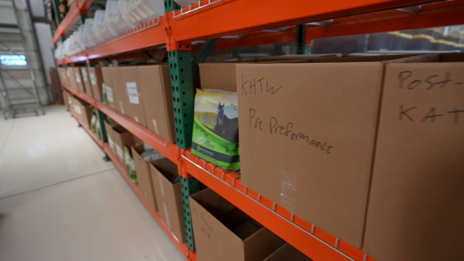 Pallet racking stacked with packed cartons, a Better Dog supplement bag visible on the shelf